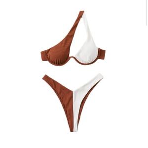 Cider Brown & White Asymmetric One-Shoulder Bikini